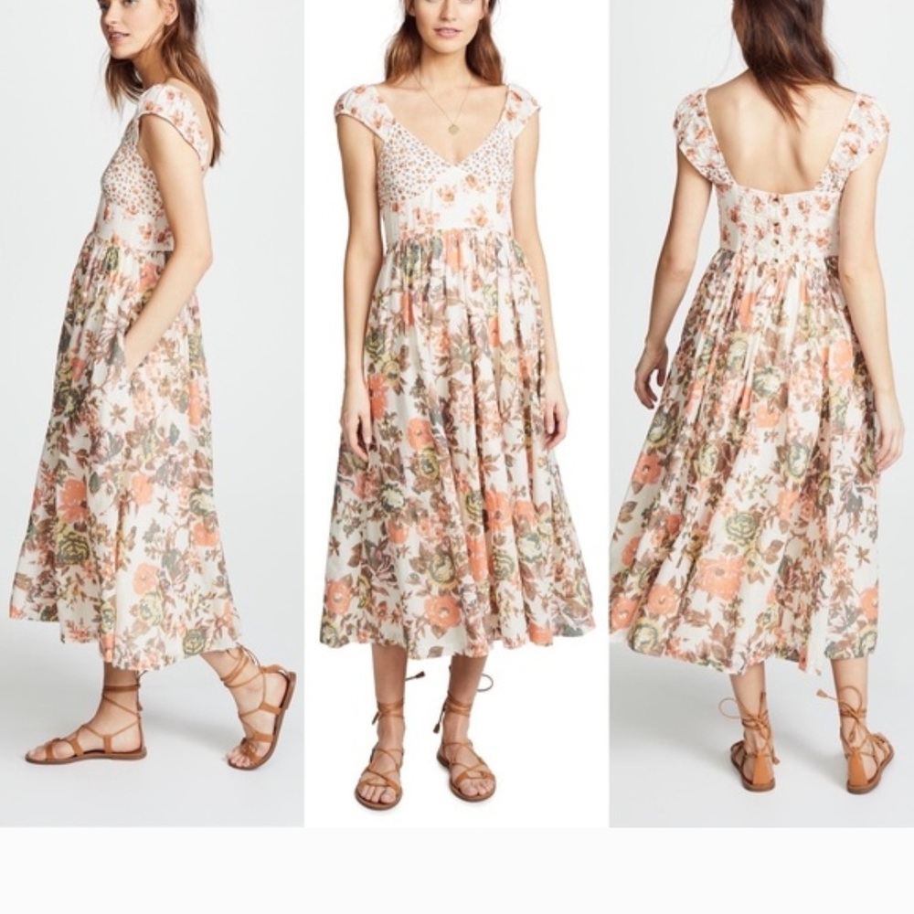 Free People Floral Midi Dress in Peach and Green